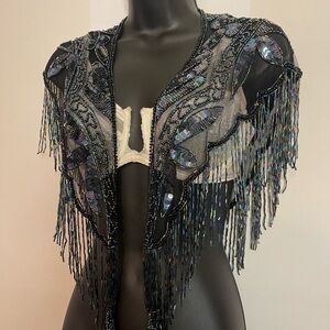 Black and Silver Beaded Fringe Shawl